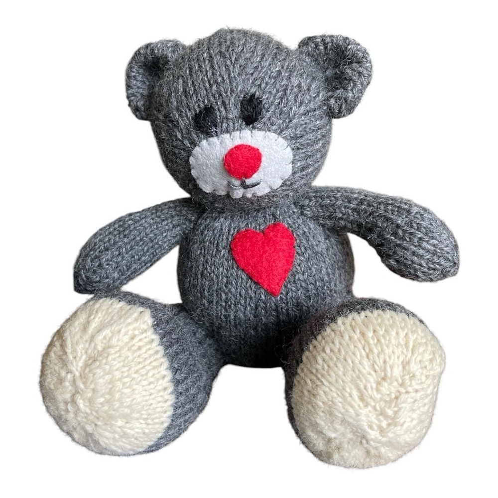 Handmade Bear Gray Wool Toy Teddy Bear Plush Animal with Heart Hand Knitted